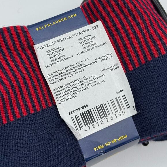 Polo Ralph Lauren Crew Navy Blue Red Striped 3 Pairs Combed Cotton Socks Men’s - Picture 6 of 6